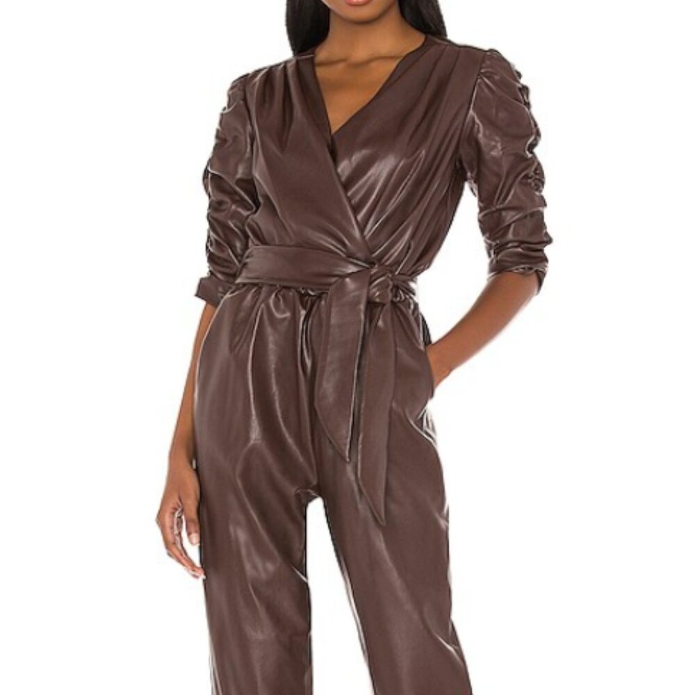 Amanda Uprichard Annika Leather Jumpsuit in Chocolate Size Small